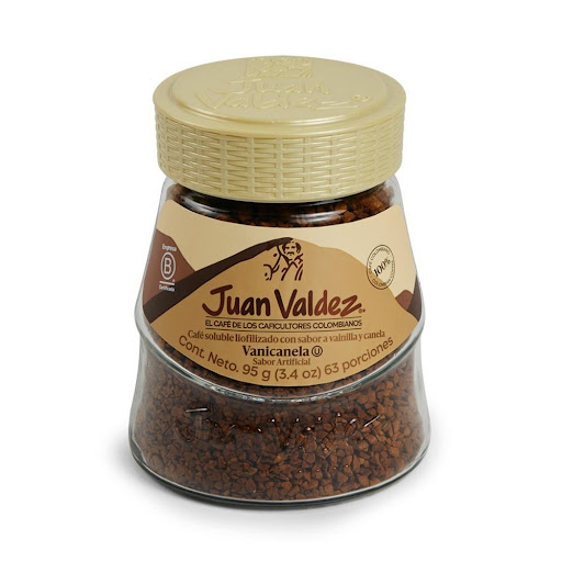 Café Juan Valdez Liofilizado Vanicanela 95gr Juan Valdez 1 bolsa 95 gr x 1 Café Premium 100% Colombiano Excelso. ¡Fácil de preparar!   El Café Liofilizado con sabor a Vanicanela, es un café soluble que ha sido sometido a un proceso de deshidratación del café a bajas temperat