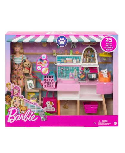 Barbie Tienda De Mascotas Barbie  x 1 El Barbie Tienda de Mascotas es ideal para los niños que aman los animales y sueñan con tener su propia boutique de mascotas. Con su mostrador transformable, área de aseo y múltiples accesorios, podrá