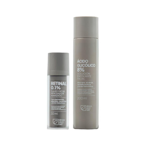 Kit Retinal 0.1% Ácido Glicólico 8%  Ético Skin Lab Frasco x 2 Kit Retinal 0.1% + Ácido Glicólico 8% de Ético Skin Lab mejora textura, tono y luminosidad. Reduce líneas, poros y manchas mientras regenera la piel. Fórmula avanzada ideal para todo tipo de piel.