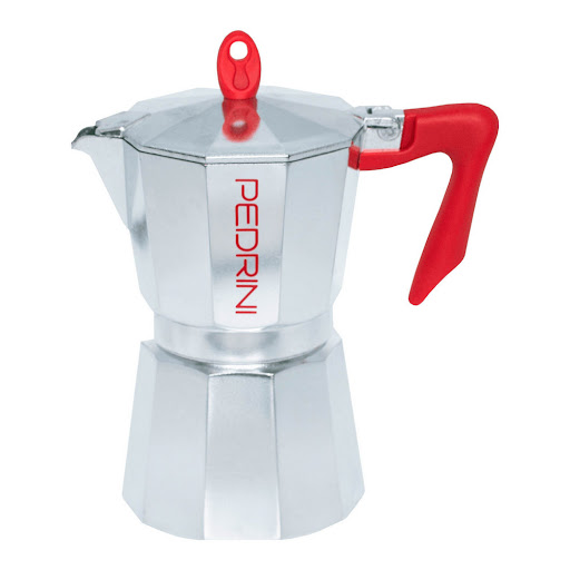 Cafetera 6 Tazas Aluminio Abrillantado Roja Pedrini Caja x 1 Mango resistente hasta 210ġC.- Guarnici½n en silicone altamente resistente.- Cumple con la norma Europea EN601.- V˙lvula de seguridad.- Forma ergonomica para una mejor y c½moda manipulaci½n.- DiseÏo p