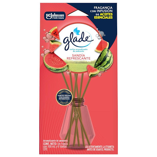 Varitas Aromatizantes Glade Sandía refrescante 100 ml SCJ Varitas aromatizantes Sandia x 1 Cambia tu ánimo y el de cualquier espacio dentro de tu hogar con Glade Varitas, elegantemente diseñadas para adaptarse y resaltar lo mejor de cada habitación. Una tecnología nueva y de fácil uso, que 