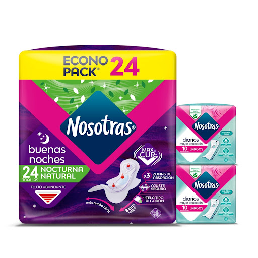 Toallas Nosotras Buenas   Noches Natural x 24 und + 2 Protectores Largos Nosotras x 10 und