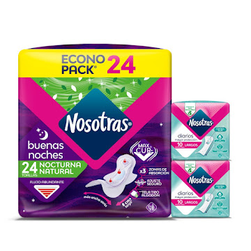 Toallas Nosotras Buenas   Noches Natural x 24 und + 2 Protectores Largos Nosotras x 10 und  