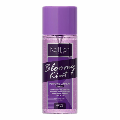 Perfume Capilar Bloomy Kiut Kattian Frasco x 75 ml Perfume capilar con una combinación de ingredientes que actuan como un tratamiento multifuncional que no solo perfuma el cabello, sino que repara y embellece la fibra capilar.  Con Keratina Hidrolizad