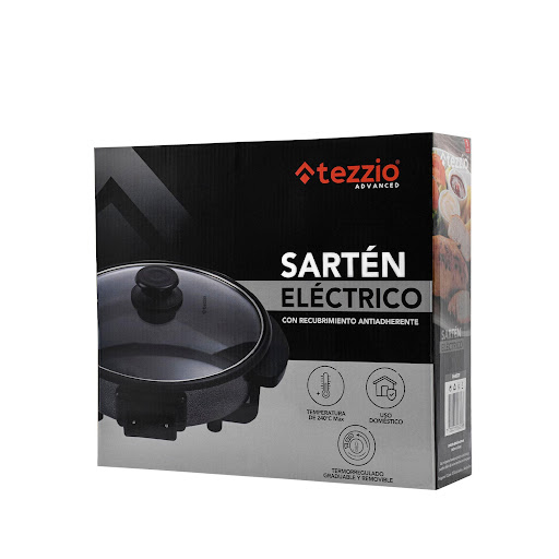 Tezzio Sartén Eléctrico Tezzio Caja x 1 Sartén eléctrico ideal para hacer tus platos favoritos. Freír, hornear, vaporizar o cocer a fuego lento. Con interior antiadherente de alta calidad para cocinar rápida y fácilmente un pequeño asado, f