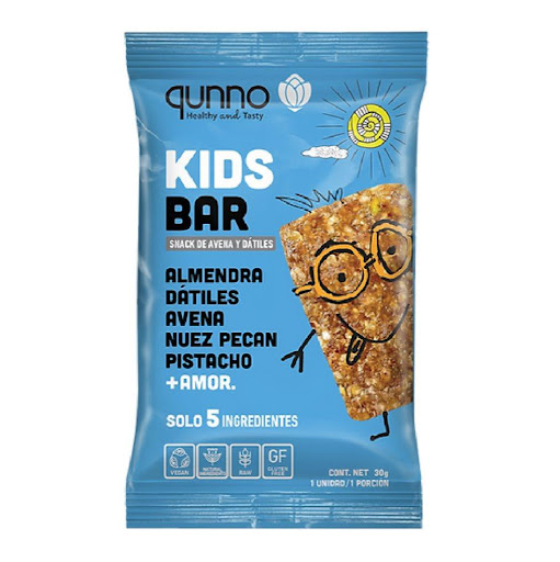 Pack Kids Bar  Qunno 30 gramos x 10 Kids Bar, elaborada con almendras, avena, dátiles, pistacho y nuez pecana. Un snack nutritivo, naturalmente dulce y lleno de energía para acompañar su día.