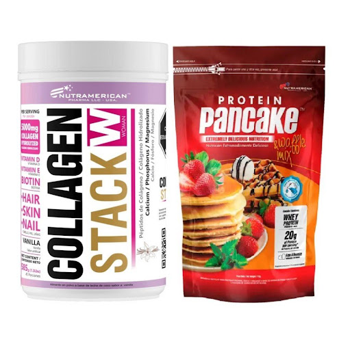 Combo Colageno hidrolizado Collagen Stack 585 g + Protein Pancake 1.69 LB Pancakes,Waffles,Crepes NUTRAMERICANPHARMA Tarro x 1.29 Lb (585g) y 1.69 Lb (770g) combo para cuidar la elasticidad de tu piel, fortalecer el cabello y las uñas, mejora de la salud articular, se compone de 1 Collagen Stack 585 g, colágeno hidrolizado con vitaminas y minerales. 1 Pro
