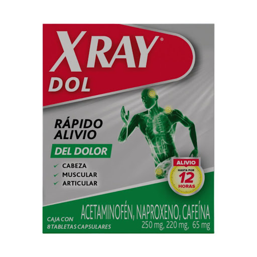 X Ray Dol Acetaminofén,   Naproxeno, Cafeina Caja x 8 Tabletas