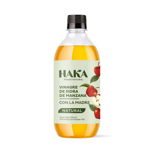 Vinagre de Sidra de Manzana Haka x 500 ml Haka Liquida x 500 ml El vinagre de manzana Haka es 100% Natural obtenido de la doble fermentación del jugo de manzanas seleccionadas. 
En la primer fermentación se produce alcohol, conocido como Sidra de Manzana, a partir