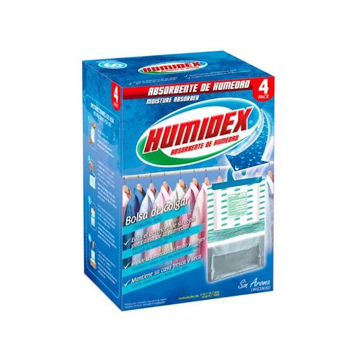 Humidex Pack X 4 Bolsas De Colgar Sin Aroma HUMIDEX PLEGADIZA x 4 und El pack contiene 4 unidades (con práctico gancho para colgar) de 420 gramos cada una sin aroma. Contenido total del producto: 1.680 gramos.

¿QUE ES HUMIDEX?

HUMIDEX es un producto colombiano, comerc