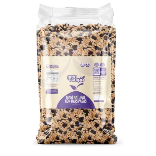 Maní Natural con Uvas Pasas Gran Campo Bolsa 1000gr Gran Campo Bolsa x 1000 gr Producto Natural
Vegano 
Nuestra mezcla de maní con uvas pasas es la combinación perfecta de sabor y nutrición.
Disfruta de la energía instantánea que te proporciona y de los beneficios de sus ingredi