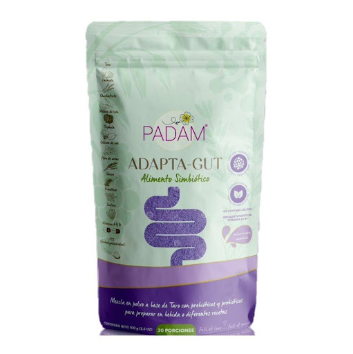 Adapta - Gut  Padam Doypack x 100gr x 1 und ADAPTA-GUT es una combinación de superalimentos, adaptógenos, prebióticos y probióticos que ayudan a mejorar la microbiota intestinal, estimula la actividad del colon y el sistema digestivo, mejora la