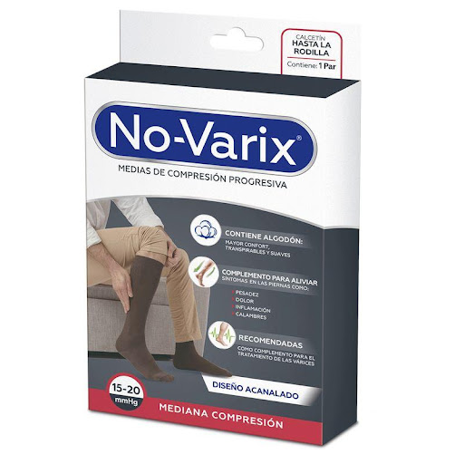 Media de compresión No-Varix hombre 15-20 mmHg fibras especiales negro S No- Varix  x 1 Estas medias con textura acanalada son perfectas para ocasiones casuales y semiformales.  Contiene algodón que proporcionan comodidad a los pies, facilitad de colocación y sensación de frescura. Las m
