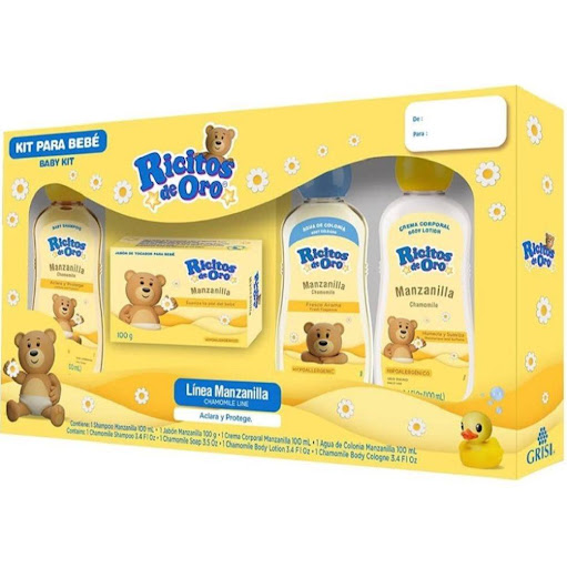 Kit  Bebe Ricitos de Oro-Shampoo+Crema+Locion+Jabon-Grisi GRISI UNIDAD x 4 UNIDADES EN CAJA DE REGALO El Kit de Manzanilla de 4 Productos es la solución perfecta para salir de casa con tu bebe. 

Sus presentaciones pequeñas de 100ml son ideales para llevar en tu bolsa de pañales o en tus viajes, asegu