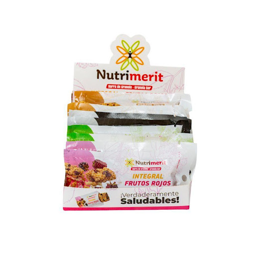 Barra de Granola Sabores Surtidos  Nutrimerit Caja x 8 Caja por 8 unidades de Barras de Granola con sabores surtidos Nutrimerit por 240g. Incluye una selección de los mejores sabores: Cacao Almendras, Integral Frutos Rojos, Proteína Quinua y Colágeno Amar