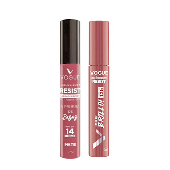 Combo Brillo Labial Vogue Oh Q Brillo Chula + Labial Líquido Vogue Resist Fabulosa Pack x 2 und  