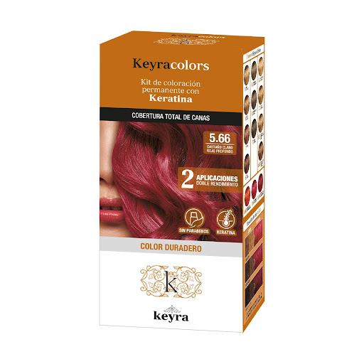 Tinte Keyra kit 5.66 castaño Claro Rojo Profundo, Permanete con Keratina x 100 ml Keyra Colors Caja x 1 Tinte capilar en emulsión (crema),permanente con Keratina, sin parabenos. Cubertura total de canas