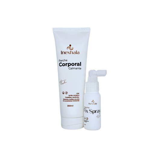Parche Corporal 250 ml + Fix Spray 60 ml Inexhala Kit x 2 unds Inexhala 250ml y 60 ml  x 2 El sistema PARCHE INEXHALA combina dos productos que trabajan juntos para crear una experiencia corporal práctica, cómoda y adaptable.
Al integrarse sobre la piel, forman una película ligera y flexibl