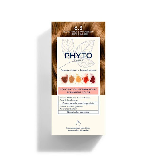 Tinte Phyto Color 6.3 Rubio Oscuro Dorado PHYTO caja x 1 Una fórmula enriquecida con pigmentos vegetables seleccionados y fabricados en Francia que provienen de 5 plantas de tinción que aportan reflejos naturales y luminosos.Con un mínimo de 7 pigmentos por