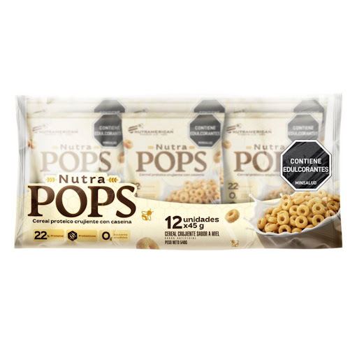 Cereal Proteico NUTRA POPS Miel 1.1 lb Bolsa X 12 Und x 45 g 540 g NUTRAMERICANPHARMA Bolsa x Bolsa X 12 Und x 45 g 1.1 lb 540 g Nutra Pops es el cereal proteico crujiente elaborado con caseína, diseñado para apoyar tus objetivos de nutrición y fitness. Sus ingredientes de alta calidad aportan una textura irresistible y un sabo