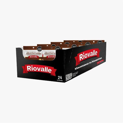 Mix Nueces con Chocolate Chunks Riovalle X 30Gr Megamarket Bolsas Doypack x 24 Mix Nueces con Chocolate Chunks RIOVALLE X 30 Gr, combinación crocante de nueces seleccionadas con trozos de chocolate. Snack práctico, energético y listo para consumir en cualquier momento. RIOVALLE 