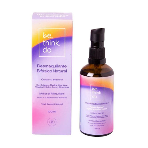 Desmaquillante Bifásico Hidratante y Humectante BeThinkDo Frasco en Vidrio 100 mL x 1 Und Desmaquillante Bifásico Hidratante y Humectante de Agua de Rosas, Aloe Vera, Vitamina E, Colágeno, Elastina, Aceite de Coco, Aceite de Ricino, Aceite de Almendras, desmaquilla maquillaje pesado, pesta