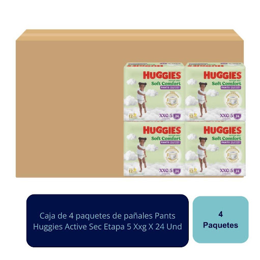 Pañales Pants Active Sec Etapa 5 Xxg X 24 Und Huggies  Caja x 4 Pañales Pants Active Sec Etapa 5, con suave cintura acolchonada ayuda a prevenir marcas rojas y protege a tu bebe con hasta 12 horas de absorción, fácil de poner y quitar. Pañales Pants Active Sec fác