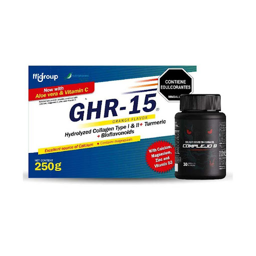 Colágeno hidrolizado GHR 15 + Complejo B + Ácido Fólico Y Biotina - Voz A Voz Ffi Group Sachet + Capsulas blandas x 2 