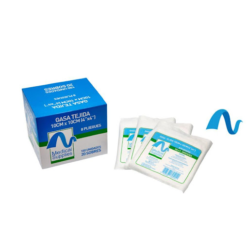 Gasa Tejida Estéril 10 x 10 cm – Sobre x 5 Unidades Medical Supplies  Display por 20 sobres  x 20 Sobres  Gasa no tejida estéril de 10x10 cm, presentada en display por 20 sobres. Suave, altamente absorbente y con bajo desprendimiento de pelusa. Ideal para limpieza y protección de heridas en uso clínico y 