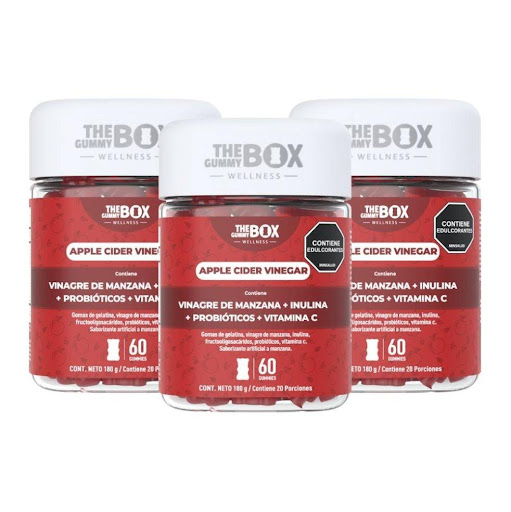 Vinagre de manzana + Fibra prebiótica e Inulina en gomitas x3 THE GUMMY BOX TARRO X 60 GOMITAS x 3 Pack x3 Vinagre de Manzana en Gomitas Triple dosis de bienestar en una presentación práctica y deliciosa. Este pack incluye 3 tarros de gomitas funcionales formuladas con vinagre de manzana, inulina y