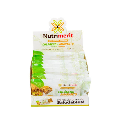 Barra de Granola Colágeno Amaranto  Nutrimerit Caja x 12 Caja por 12 unidades de Barras de Granola Colágeno Amaranto Nutrimerit por 360g. Ingredientes: maní, arroz integral, semillas de girasol, nueces, almendras, quinua, amaranto, colágeno hidrolizado, mie