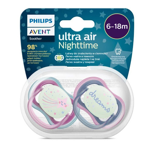 Chupo de Entretención Ultra Air Nocturno, Brilla En La Oscuridad Niña 6 a 18 Meses Philips Avent Blister x 2