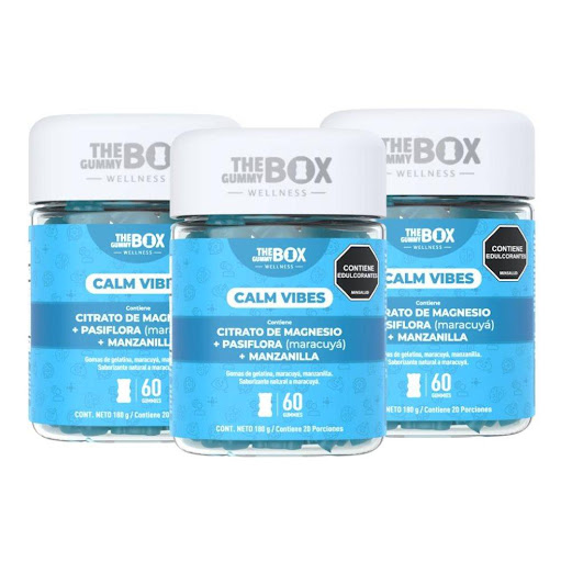 Citrato de magnesio en gomitas + pasiflora y manzanilla en gomitas x3 THE GUMMY BOX TARRO X 60 GOMITAS x 3 Citrato de magnesio en gomitas + pasiflora y manzanilla en gomitas x3