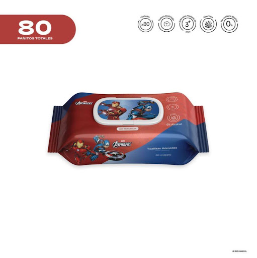 Pañitos Húmedos Marvel Cosmos Avengers CMS COSMOS Flow-Packs x 80 unidades Cada pañito húmedo ofrece una textura resistente pero a la vez delicada, brindando una suavidad similar a la de un cojín. Su fórmula no contiene alcohol y está elaborada a base de agua y extractos de 