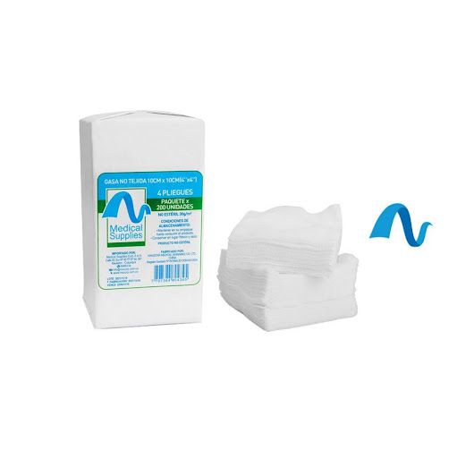Gasa No Tejida 10 cm x 10 cm – Paquete x 200 Unidades Medical Supplies  Paquete x 200 Gasa no tejida no estéril de 10x10 cm, fabricada en mezcla de viscosa y poliéster. Presentación tipo taco por 200 unidades. Suave, altamente absorbente y con bajo desprendimiento de pelusa. Ideal para