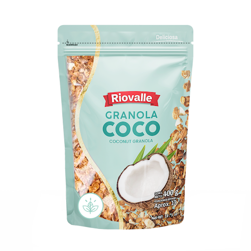 Granola Coco Tradicional Riovalle Megamarket Bolsas Doypack x 1 Granola Coco Tradicional RIOVALLE X 400 Gr, mezcla crocante con hojuelas y coco natural. Ideal para desayunos y snacks, aporta energía y sabor en cada porción. Perfecta con yogur, leche o frutas. RIOV
