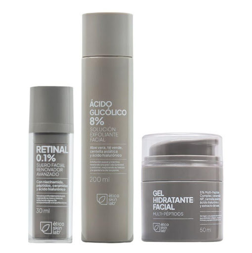 Kit Renovador Retinal 0.1%+ Ácido Glicólico 8% + Gel Muti Péptido Ético Skin Lab Frasco x 3 Kit Renovador Completo de Ético Skin Lab mejora textura, luminosidad y firmeza con ácido glicólico, retinal y péptidos. Reduce líneas, unifica el tono y fortalece la piel con resultados visibles desde