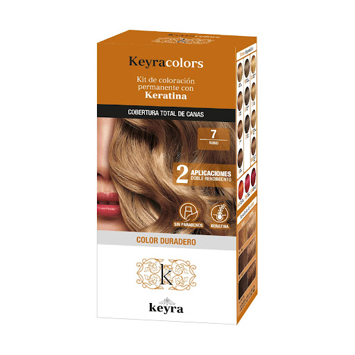 Tinte Keyra kit 7 Rubio, Permanete con Keratina x 100 ml Keyra Colors Caja x 1 Tinte capilar en emulsión (crema),permanente con Keratina, sin parabenos. Cubertura total de canas