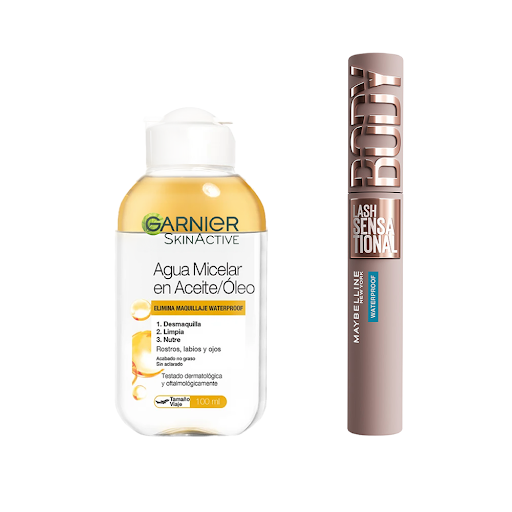 Combo Maybelline Pestañina Lash Sensational Body + Agua Micelar Bifásica de Garnier Pack x 2 und