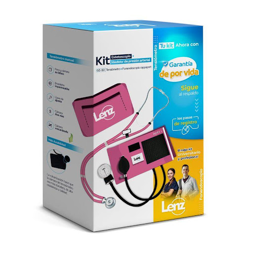 Kit Fonendo + Tensiómetro Lenz Rosa Lenz  x 1 Kit de diagnóstico LENZ color rosa que incluye fonendoscopio tipo Rappaport de doble campana (adulto y pediátrico) y tensiómetro aneroide con brazalete de velcro de alta resistencia. Ideal para la med
