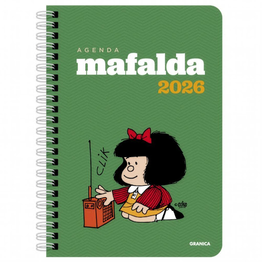Agenda Mafalda 2026 Anillada Módulos Verde Granica Libro x 1.0 Agenda Mafalda 2026 Anillada Módulos Verde  Interior: Bordes redondeados. 2 colores. Semana a la vista. 2 páginas con stickers. Sobre portapapeles. - 160pags. Encuadernación: Tapa dura con espiral y e