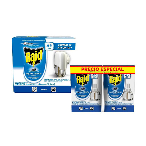 Mega Pack Protección Anti Mosquitos Raid 45 Noches Raid Combo x 2 Repele zancudos y mosquitos durante toda la noche. 45 noches de protección usándolo 8 horas diarias.Repele zancudos y mosquitos durante toda la noche. 45 noches de protección usándolo 8 horas diarias,