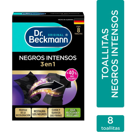 Negros Intensos Dr. Beckmann 8 toallitas Dr. Beckmann Cajita x 8 NEGROS COMO NUEVOS. Revive la ropa negra con Negros Intensos de Dr. Beckmann. Su fórmula protege y renueva las prendas desteñidas con pigmentos de colores reales. Cuida el color y la fibra de las tela