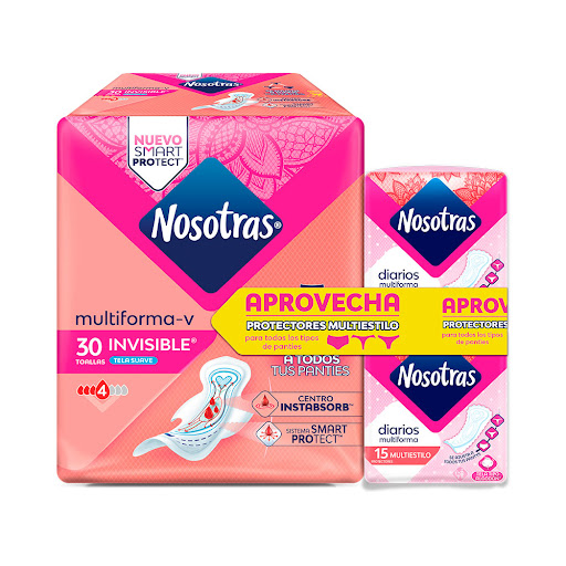 Toallas Nosotras   Invisible Multiestilo x 30 und + 2 Protectores Nosotras Multiestilo x 15 und