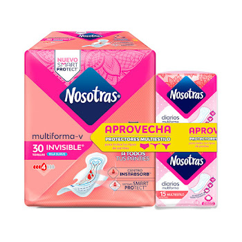 Toallas Nosotras   Invisible Multiestilo x 30 und + 2 Protectores Nosotras Multiestilo x 15 und  