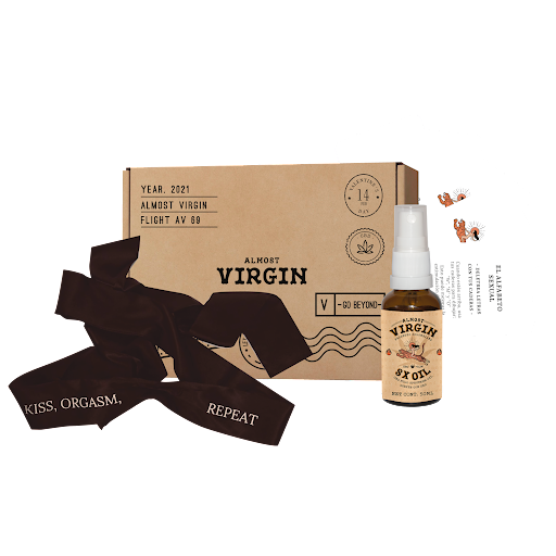 Aceite Intimo Almost Virgin Sx Oil x 50 ml + Vendas + Set 15 Cartas Edición Amor Y Amistad