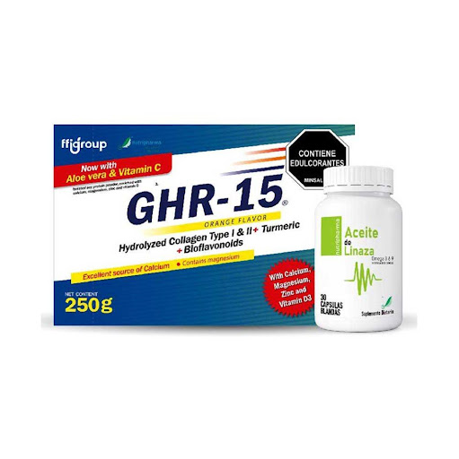 Colegeo hidrolizado GHR 15 + Aceite de linaza con Omega 3 6 9 Ffi Group  Sachet y Capsula blanda x 2 