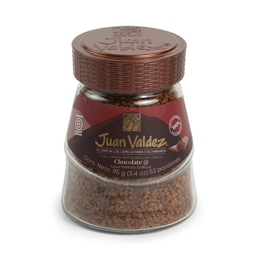 Café Juan Valdez Liofilizado Chocolate 95gr Juan Valdez 1 bolsa 95 gr x 1 Café Premium 100% Colombiano Excelso. ¡Fácil de preparar!   El Café Liofilizado con sabor a Chocolate, es un café soluble que ha sido sometido a un proceso de deshidratación del café a bajas temperatu