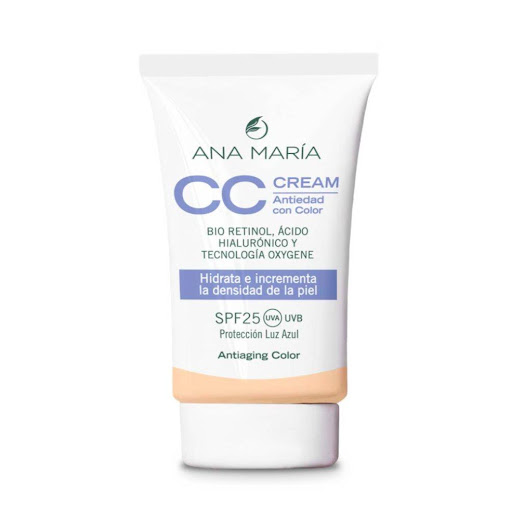 CC CREAM ANA MARIA ANTIEDAD CON COLOR CLARO ENVASE X 30 G ANA MARIA ENVASE x 1 UND Crema facial antiedad, combinación perfecta entre Bio Retinol, Acido Hialuronico y extracto de frutos amarillos, que reduce los signos del envejecimiento y perfeccionan la piel. Función antioxidante, 