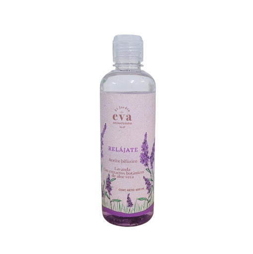 Aceite bifásico Relájate aceites esenciales de lavanda para masajes x 400 ml  El Jardín de Eva Botella x 1 El Aceite Bifásico para Masajes Relájate combina lavanda y aloe vera para hidratar la piel y facilitar el masaje. Ideal para momentos de pausa, ayuda a relajar el cuerpo y bajar el ritmo al final del 